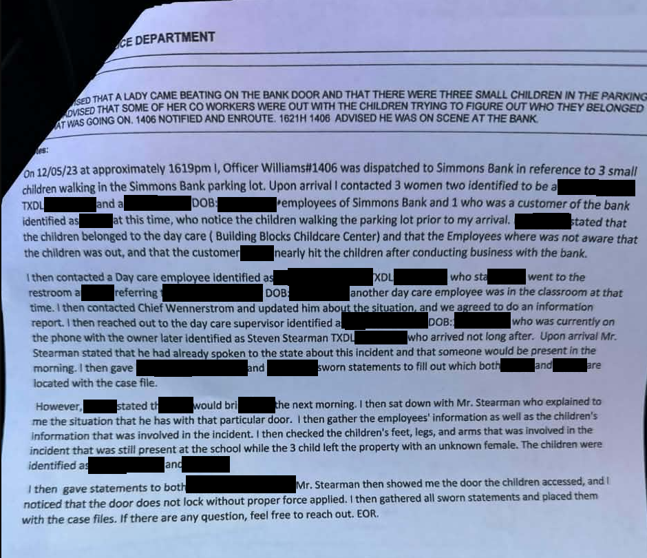 Seven Points police narrative, December 5, 2023 (names of bank staff, the customer and a child redacted by Watchtower)
