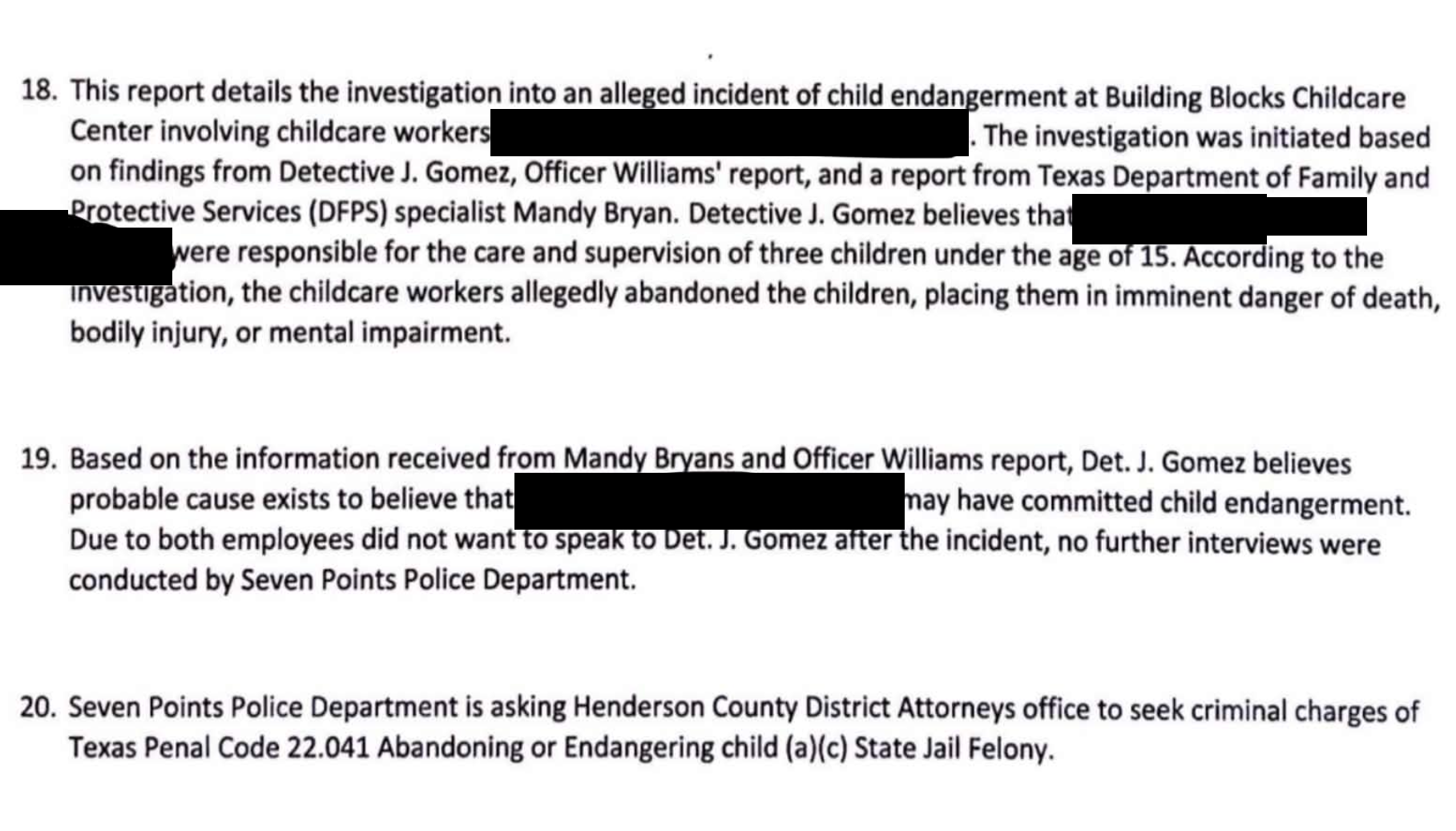 Seven Points police report, paragraphs 18-20 (workers' names redacted)
