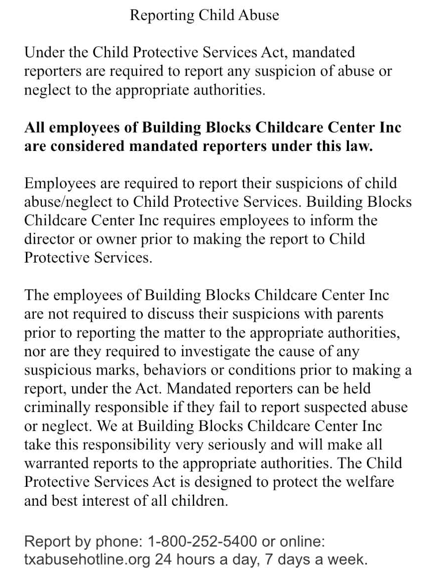Building Blocks employee handbook, "Reporting Child Abuse," as sent to me by Stearman
