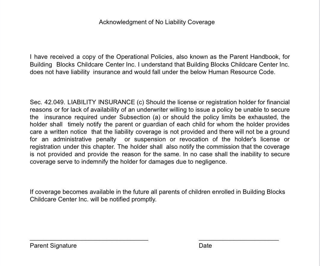 Building Blocks "Acknowledgment of No Liability Coverage" form, as sent to me by Stearman