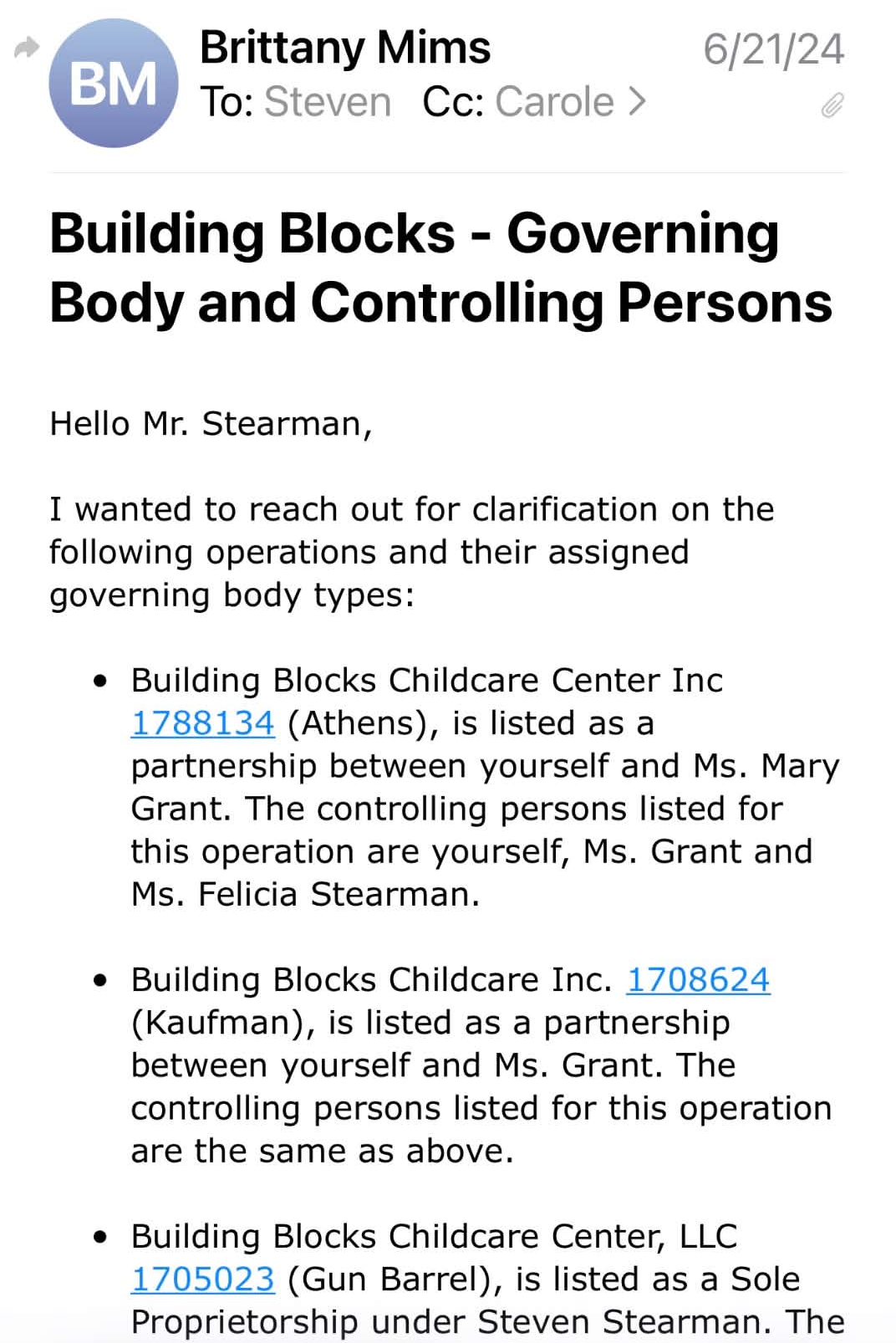 HHSC email to Stearman, June 21, 2024, page 1