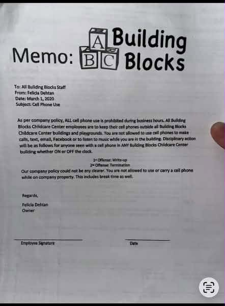 Building Blocks memo dated March 1, 2020, signed "Felicia Dehtan, Owner," as posted publicly by Stephanie Morgan
