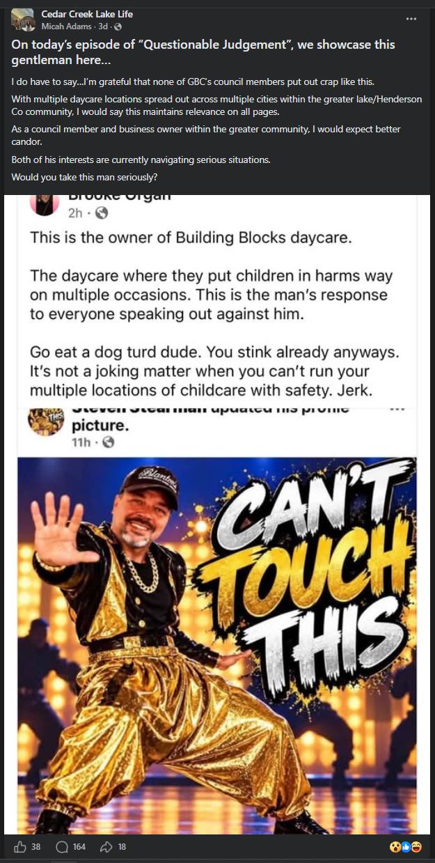 Micah Adams's October 12 post in Cedar Creek Lake Life, showing Steven Stearman's "CAN'T TOUCH THIS" profile picture