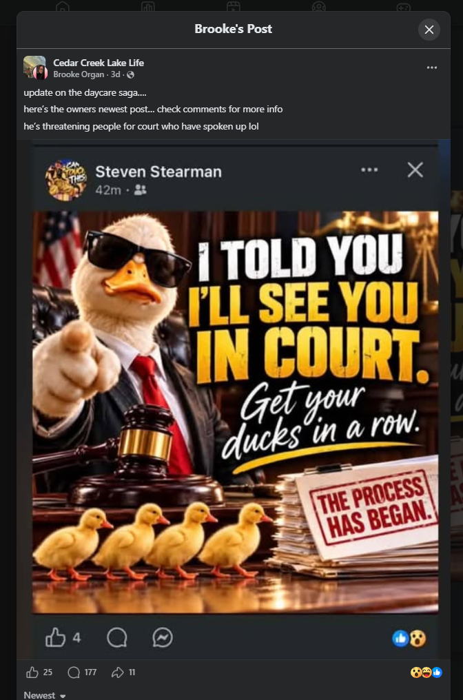 Brooke Organ's post sharing Stearman's "I'll see you in court" image