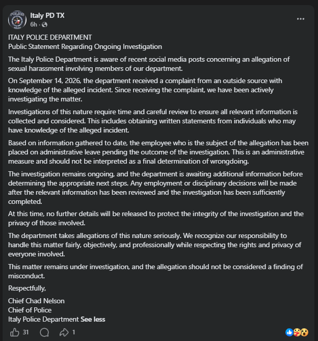 The Italy Police Department's October 15, 2026 statement on its Facebook page, signed by Chief Chad Nelson