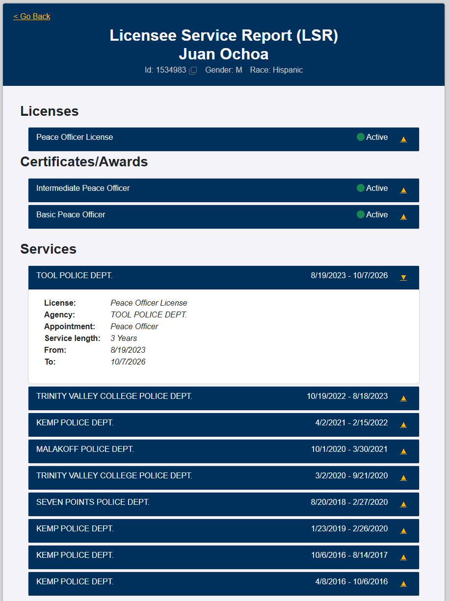 TCOLE Licensee Service Report for Juan Ochoa, showing Tool Police Dept. service from 8/19/2023 to 10/7/2026 and no later appointment