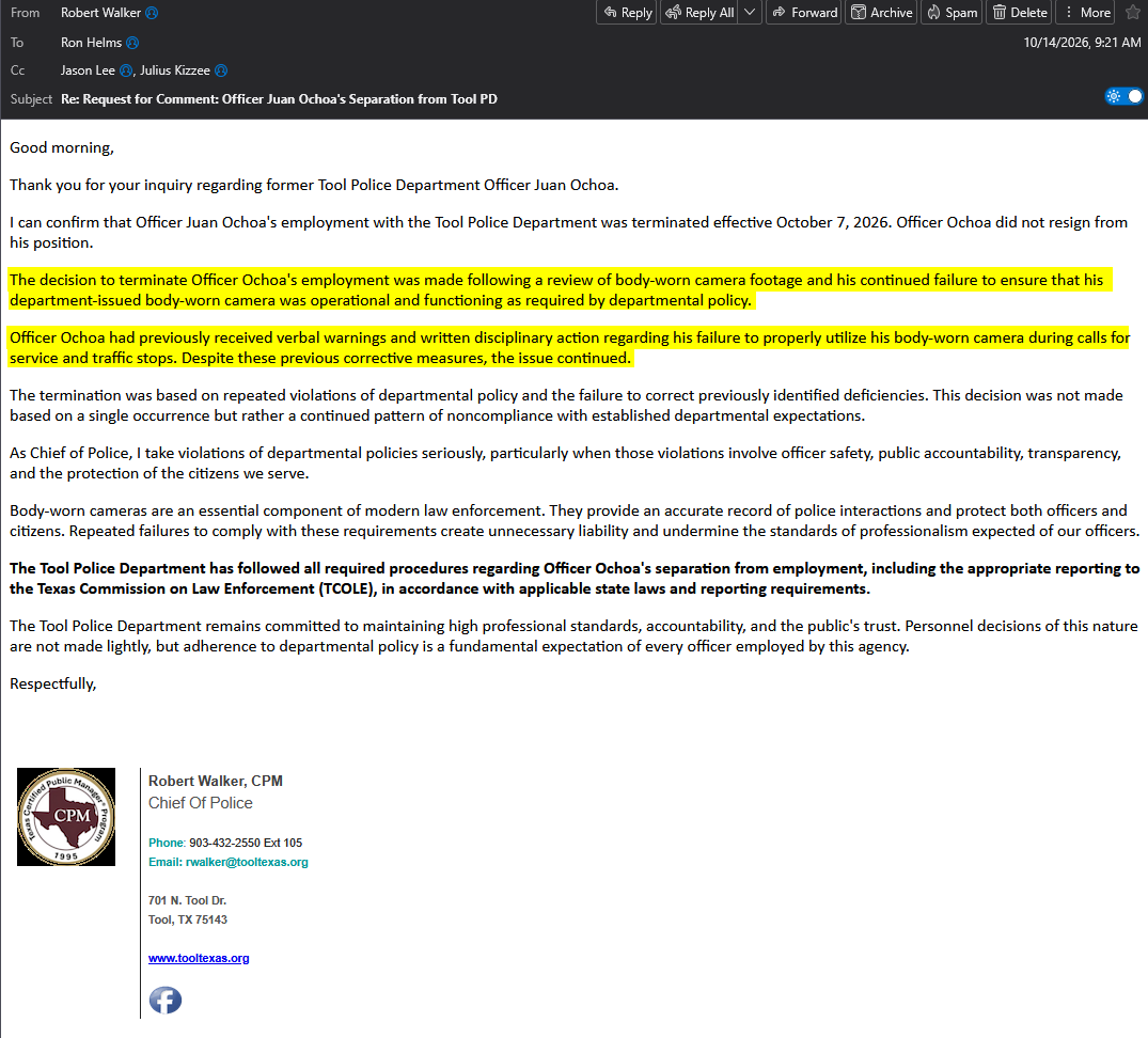 Email from Tool Police Chief Robert Walker to Ron Helms, October 14, 2026, confirming Officer Juan Ochoa's termination