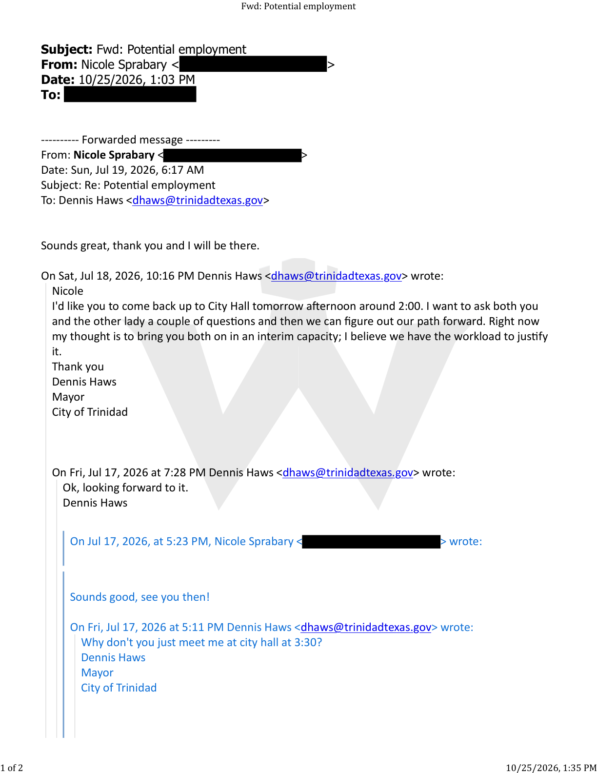 Nicole Sprabary applies for the City Secretary position, July 17, 2026, and the Mayor's reply
