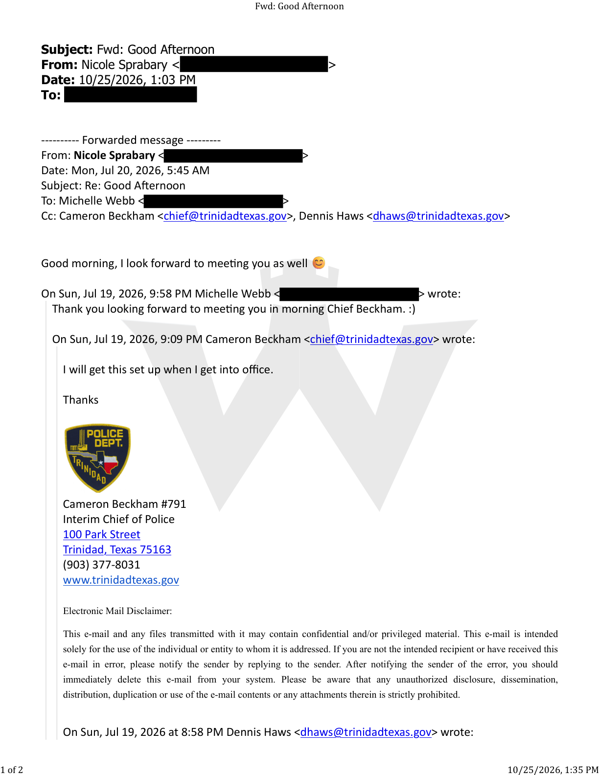 The Mayor to the police chief, July 19, 2026, page 1