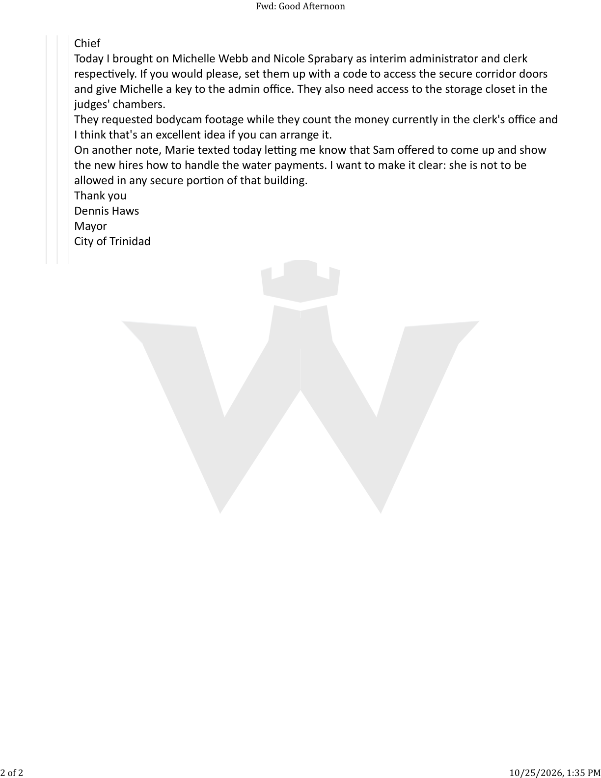 The Mayor to the police chief, July 19, 2026, page 2