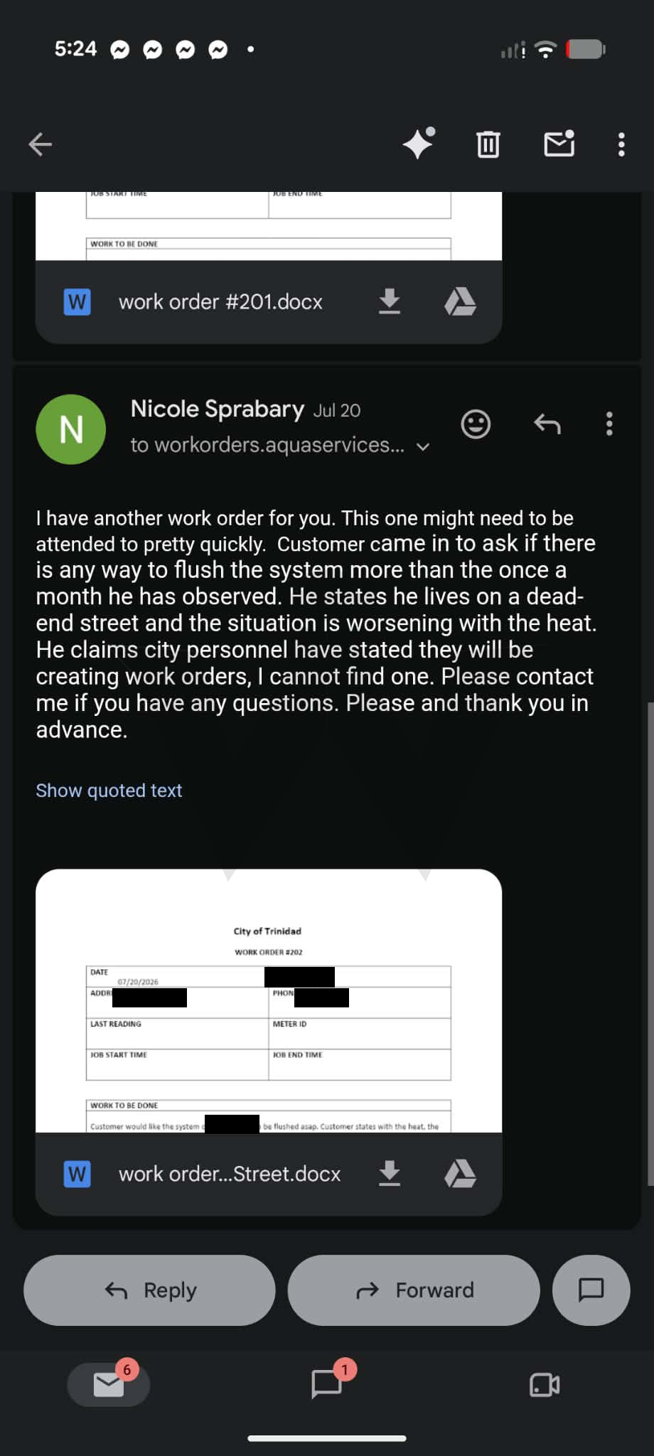Nicole Sprabary's July 20, 2026 email to Aqua Services with City work orders #201 and #202