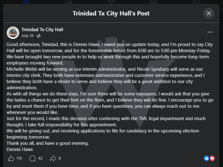 Mayor Haws's July 19, 2026 post on the City of Trinidad Facebook page