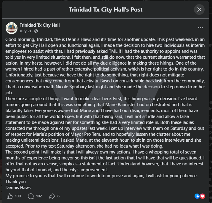 Mayor Haws's July 21, 2026 post on the City of Trinidad Facebook page