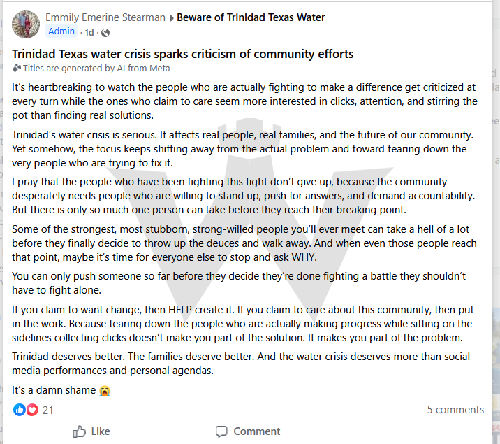 Emmily Emerine Stearman's post as the Beware of Trinidad Texas Water group's admin, October 24, 2026. I cropped out the comments.