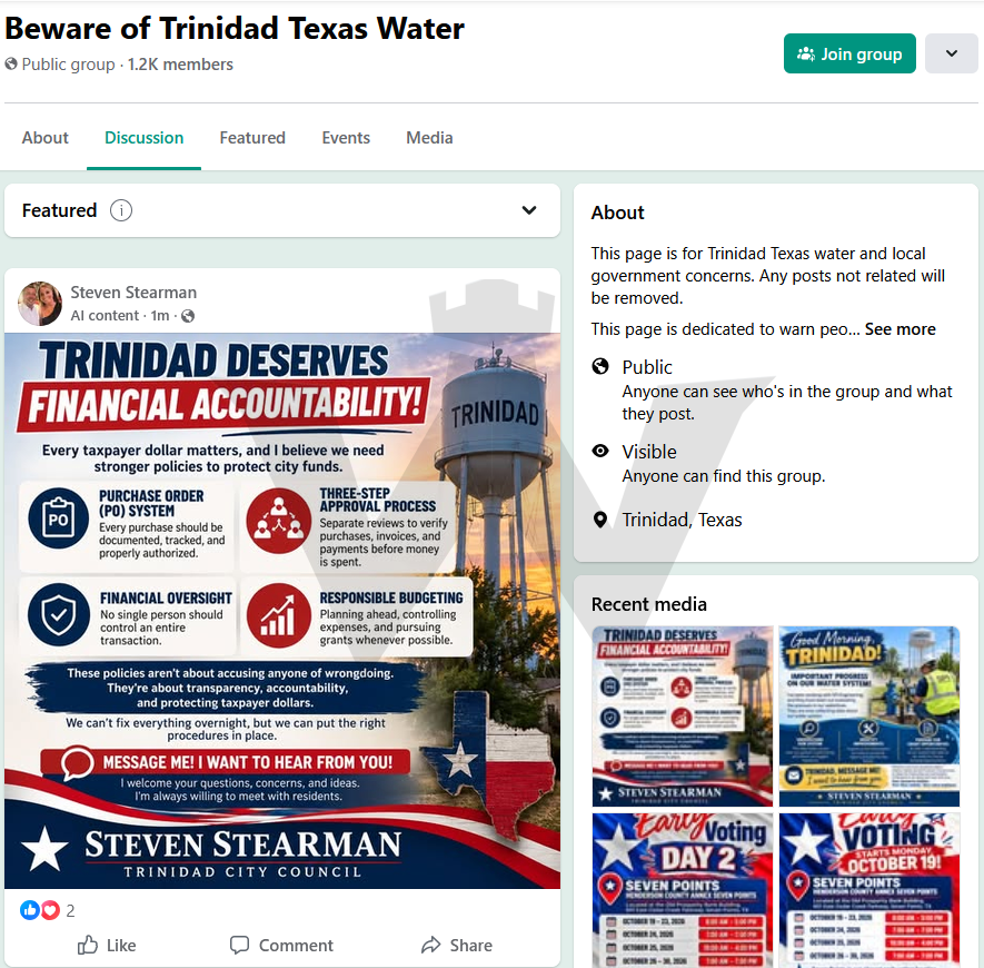 Steven Stearman's "Trinidad Deserves Financial Accountability!" graphic in the Beware of Trinidad Texas Water group, captured October 25, 2026, one minute after it posted