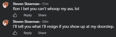 Steven Stearman's comments to me in a public Facebook thread, September 13, 2026