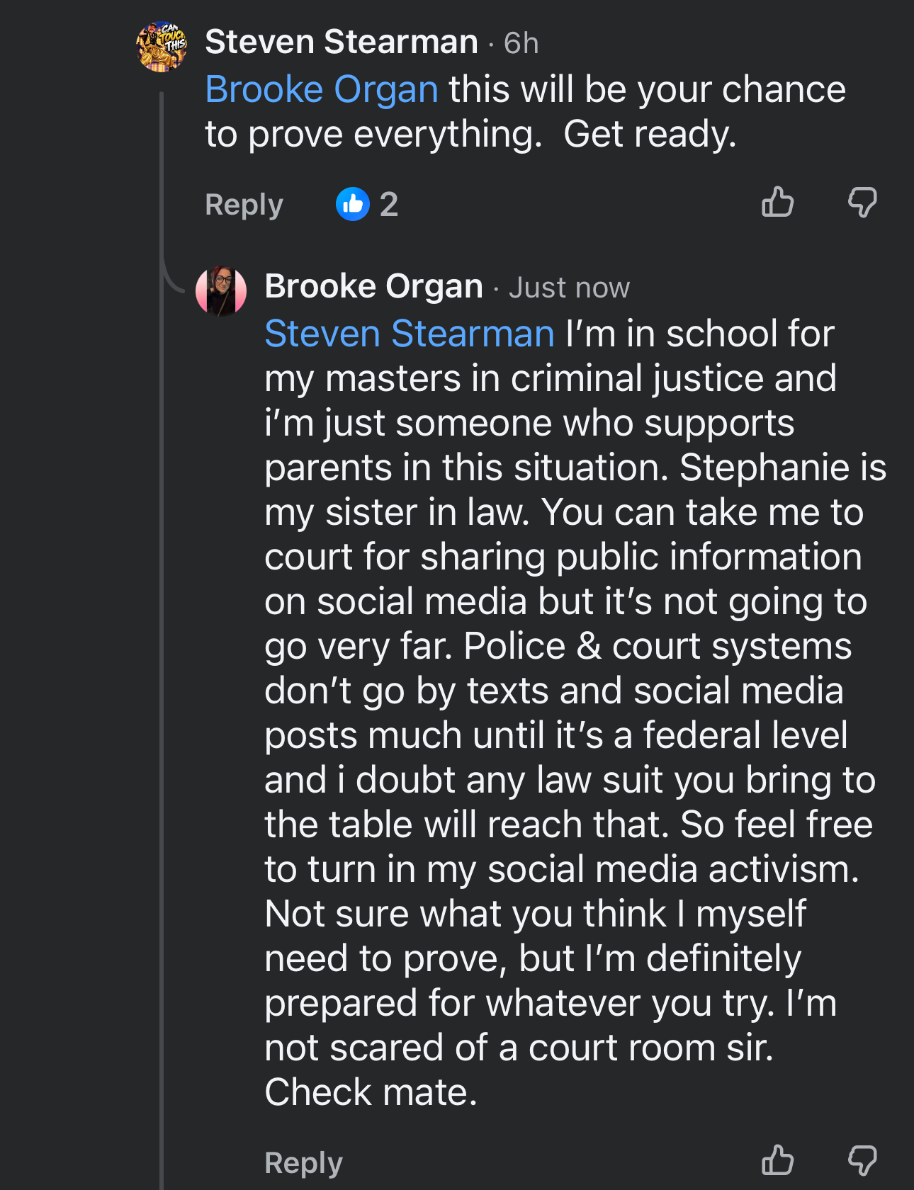 Stearman's "Get ready" comment to Brooke Organ, and her reply