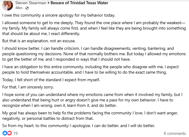 Stearman's public apology in the "Beware of Trinidad Texas Water" Facebook group, September 19, 2026. I cropped out the comments under it.